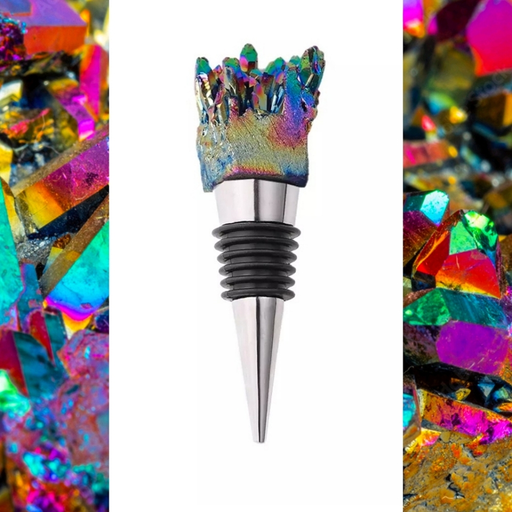 Boho Rainbow Aura Oil Slick Titanium Amethyst Quartz Crystal Wine Bottle Stopper